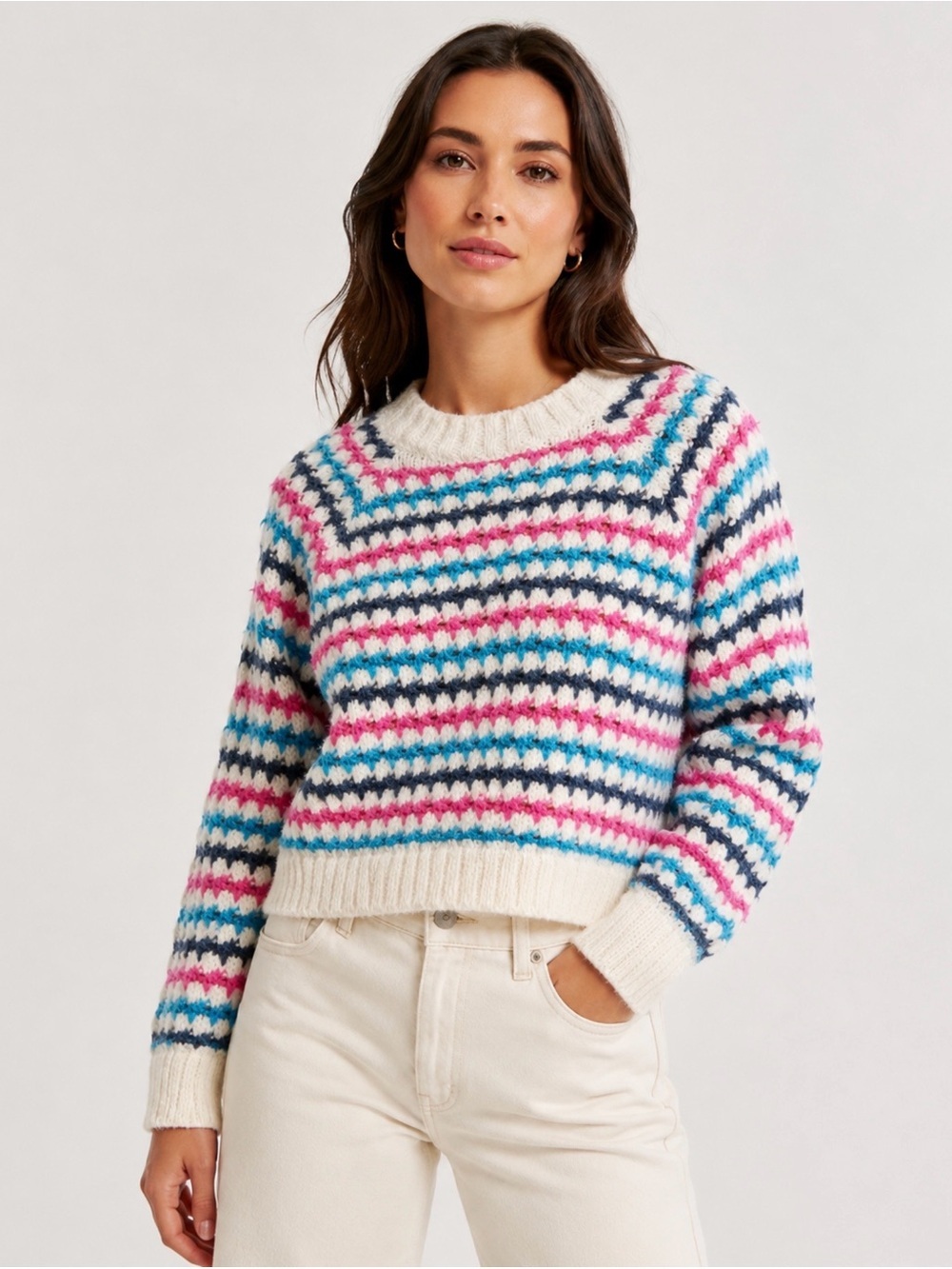 ZARA Striped Fuzzy Knit Sweater Size M Cropped Crewneck Pink Blue White